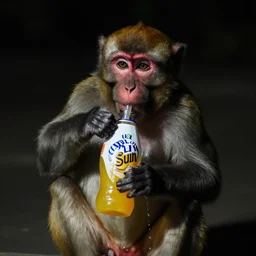 Monkey drinking Capri Sun juice, low light, photo taken at night,
