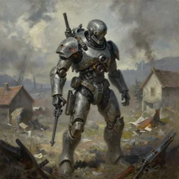grim oil painting of weaponized high technology battlefield in a village magali villeneuve, trending on artstation