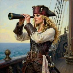 a fierce, blonde, well - dressed, armed, pirate woman, standing on the deck of her ship gazing at the horizon through a spyglass, realistic, hyperdetailed, 8 k, oilpainting