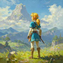 oil painting of zelda breath of the wild, mountain in the background. beautiful, rpg, dnd, artstation, artgerm, disney, pixar. sense of scale, epic