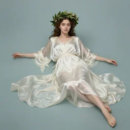 body portrait of beautiful roman young pincess wearing a flowing silk robe, wearing a crown of laurel, full body portrait of a young beautiful woman swimming low angle by terry o'neill intricate, elegant, highly detailed, digital painting, artstation, concept art, smooth, sharp focus, illustration, art by artgerm and greg rutkowski and alphonse mucha, 8 k