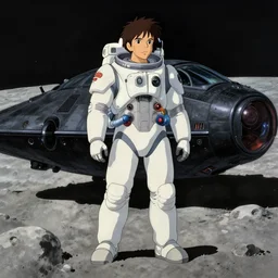 a man with a futuristic white space armor next to a black spaceship on the moon, in the style of studio ghibli, j. c. leyendecker, greg rutkowski, artem