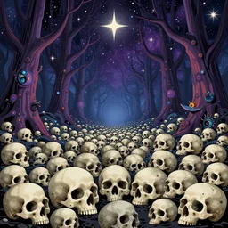 lots fo skulls, enchanted cosmic forest, stars in the sky, psychedelic, vector art, optical illusion, heavenly, 4 k, fantasy poster by helen huang and frank frazetta and salvador dali