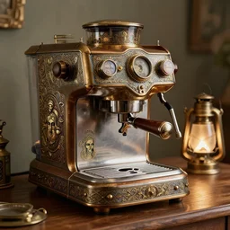 steampunk espresso machine with a soul, on a wooden table, intricate detail, hyper detailed, ultra realistic, sharp focus, smooth, octane render, lantern, volumetric, ray tracing, artstation trending, cgsociety, sense of awe, mystical, by alphonse mucha, 4 k