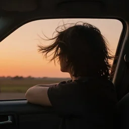 a cinematic shot of a grown boy from behind his back looking out of his car window and his long hair flowing due to the wind, sky is orangish outside