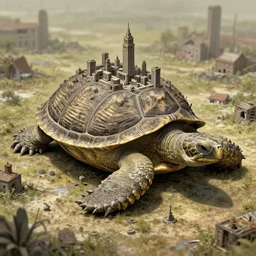 abandoned city built on the shell of a huge ancient turtle, greg rutkowski, 8 k, shallow depth of field, intricate detail, concept art,