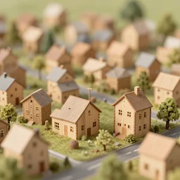 Miniature town with wooden houses, 4K render, depth of field, natural lighting