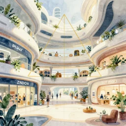a beautiful illustration of futuristic mall interior, storefront, brand placement, big medium small, golden ratio, in watercolor gouache detailed paintings, in style of syd mead, trending on artstation, 8 k, panel, hard surface, vent, zaha hadid, props, plant, cozy, decoration around the room, simon stalenhag, deus ex