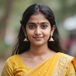 portrait photograph of an extremely beautiful young indian woman, symmetric face!, symmetric round detailed eyes!!, slight smile, natural light, wearing a yellow sari. looking away from the camera. super resolution. extremely detailed. graflex camera!, bokeh!!!!! trending on artstation.
