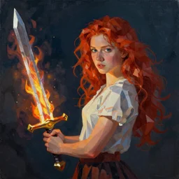a redhead girl holding a flaming sword in an oil painting, high detail, night, high polygon