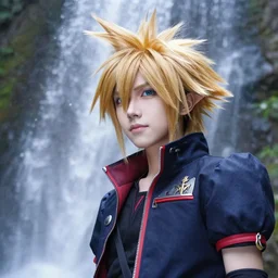 kingdom hearts sora cosplay near waterfall close up low angle 85mm