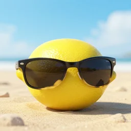 octane render of a lemon on the beach wearing sunglasses