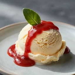 dslr food photograph of vanilla ice cream with ketchup on, a leaf of oregano on the ice cream, french fries on the side, a bottle of ketchup, bokeh, 8 5 mm f 1. 4