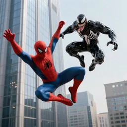 spider-man fighting venom while falling away from the skyscraper
