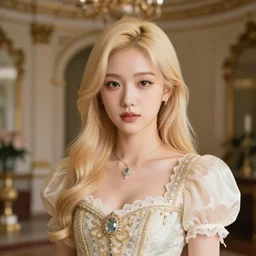 portrait of a asian girl with blonde hair, in a fancy mansion, young cute beautiful face, wearing a expensive dress, detailed, 8 k, epic, charming, character, octane rendering, hyper realistic