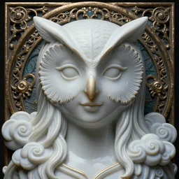 face portrait, detailed realistic sharp focus octane render, artwork by james jean, chiara bautista, smooth polished matte porcelain, beautiful owl goddess, jean delville, art nouveau, james jean spiraling clouds, ornate metal gothic icon heavy patina, joy, delicate, enchanting, otherworldly, whimsical, ethereal, mythology, magical