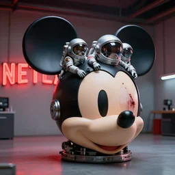 futuristic mechanics wearing astronaut helmets operating on a huge mickey mouse doll head that has a bloody cheek wound! red netflix neon office sign in background, beeple!!, minimal, movie still in in private car garage, dystopian