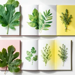 flatlay book collection, vivid colors, dramatic lighting, green leaves, bunches of herbs, pearls