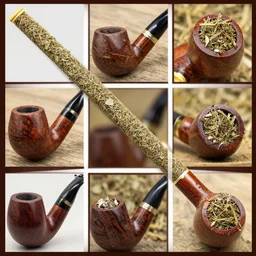 a long smoking pipe packed with herbal blends in different makes, varying art styles, close - ups, varying angles, frames
