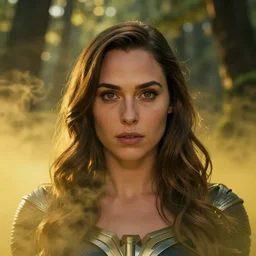 Gal Gadot, portrait, magical, forest, evening, Justice League, yellow mist, symmetrical face, large eyes, hyper realistic, digital art, octane render, trending on artstation, artstationHD, artstationHQ, unreal engine, 4k, 8k