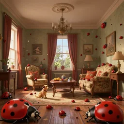 a portrait of an antique family room. there is an infestation of ladybugs that are on everything in the room. thousands and thousands and thousands of ladybugs on thee walls ceilings floor furniture the dog. the ladybugs are cute. digital art, highly detailed, dramatic lighting, bokeh, dof, artstation, award winning.