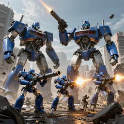 squad of giant blue robots shoots from big guns in the environment of destroyed city, render, ray tracing, jakub rozalski art style, dramatic, detailed, artstation,