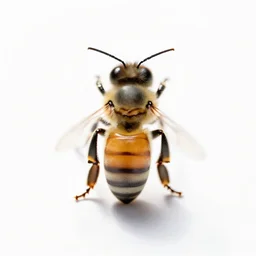 albino honeybee, studio photography, full body, isolated on a pure white background, centered, entire subject in frame, sharp focus, soft studio lighting