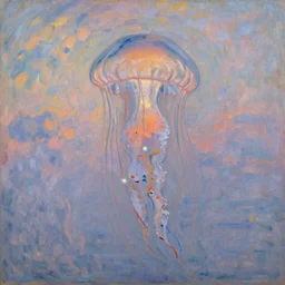 a Claude Monet painting of a jellyfish fairy hovering over the sky during dawn
