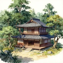 a detailed watercolor and matte painting of a japanese tea house surrounded by trees, by Mike Winkelmann, cgsociety, fantasy art