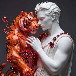 hyper detailed ultra sharp portrait of baroque and bladerunner delicate neon ruby sculpture of ( seductive albino prince adrien sahores ) ( ( tigers orange ) ) radioactive humanoid deity wearing ( ( metallic hoody made out of leaves ) ) ( holding the sun ) prismatic dungeon, glowing rainbow face, crown of white diamonds, cinematic lighting, photorealistic, octane render 8 k depth of field 3 d