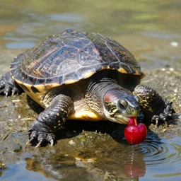 snapping turtle, eating a cherry