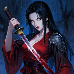 seductive female vampire holding a bloodied katana, in the rain, highly detailed, painting, dark red and azure blue and black color palette, intricate, high quality anime artstyle, in the style of sana takeda