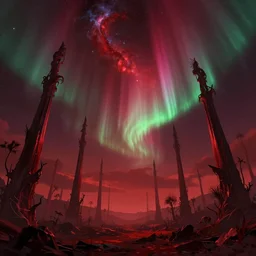 exotic landscape, slim and high columns pointing to the sky, sparse plants, weird, creepy, quiet, red color scheme, andromeda krogan nebula aurora wallpaper 3 d pixar disney digital cgi rtx hdr painting bioluminance alena aenami artworks in 4 kby loish beeple, by thomas kinkade, award winning photo, highly intricate, photorealistic
