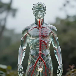 a statue of a young fit man made of transparent glass, showing a blood system inside,, by philippe starck and victoria hagan, cinematic lighting, soft light, in front of a natural background, detailed digital photography by rutkovski and beksinski, masterpiece, gorgeous, 4 k