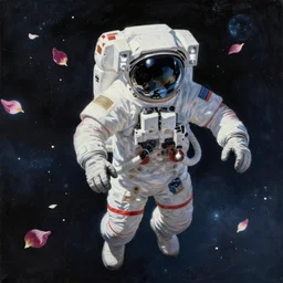 a ultradetailed beautiful painting of astronaut in space, epic, flower petals are suspended in the air as if floating in zero gravity, by conrad roset, by greg rutkowski and by makoto shinkai trending on artstation