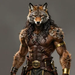 highly detailed digital painting, black male anthro - lynx, human with head of lynx, with long thick wavy hair like fabio, facial scar, hairy masculine gigachad, muscular, wearing kilt and gold armbands, fur texture, space pirate, classic science fiction, trending on artstation, romance novel,