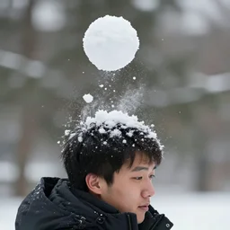 a snowball falling on a man's head. the snowball is shattering into pieces.