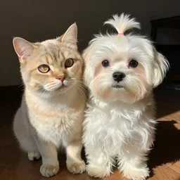 A cat and a maltese dog taking a selfie