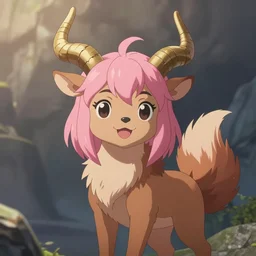 Anime key art of a cute smiling faun with pink colored hair, her gold colored horns have notches, she has brown fur and a matching fluffy tail