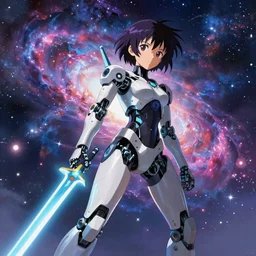 makoto shinkai. robotic android girl. futuristic cyberpunk. dystopia. vibrant nebula sky.......................................... light sword
