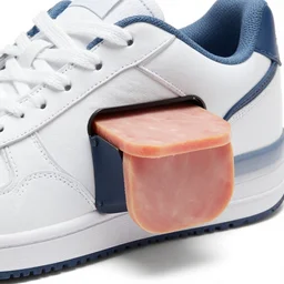 sports shoe, small hidden compartment attached to shoe side, compartment contains lunch meat, product photo