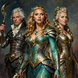 A fantasy comic book style portrait painting of Charlize Theron, Scarlett Johansson, as an Atlantean Reptilian Warrior, Mystical Valkyrie, François Boucher, Oil Painting, unreal 5, DAZ, hyperrealistic, octane render, Regal, Refined, Detailed Digital Art, RPG portrait, William-Adolphe Bouguereau, Michael Cheval, Walt Disney (1937), Steampunk, dynamic lighting, Highly Detailed, Cinematic Lighting, Unreal Engine, 8k, HD