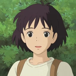 Character portrait of a young woman in a lush park, simple facial features, pronounced eyes, highly detailed, cel shading, Studio Ghibli still, by Makoto Shinkai and Murata Range
