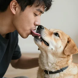 a man licking a dog's tongue