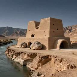 photo of a museum in a dessert on a cliff next to river with mountains in the background, the museum is made out of rammed earth with huge rock in the front, the museum is huge and is 5 stories height and perforations holes and curves, the museum has curve openings, the sky has stars and air with dusk, 8 0 k, octane,