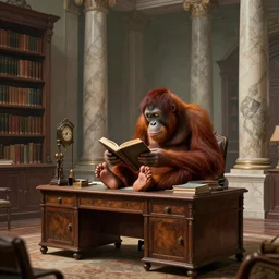 long shot, whole room view, orangutan known as the librarian sitting on antique desk, reading a book using his feet, small bookshelves, grandfather clock, tall marble columns in the background, epic, master, illustration, concept art, detailed, dynamic lighting, 4 k