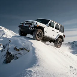 white jeep wrangler driving on top of snowy mountain cornice, high quality digital art, dramatic lighting, cinematic, photo realism