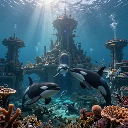 an underwater civilization created by orcas, underwater fantasy sci fi coral cities made by killer whales