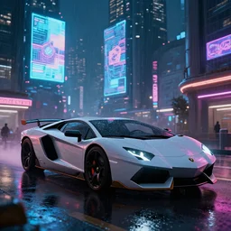 a futuristic flying lamborghini in a cyberpunk city at night, hologram ads and neon signs on building rooftops, rainy environment, 8 k, hyper detailed, ultra realistic, sharp focus, featured on artstation