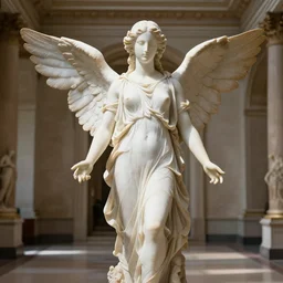 a faceless marble statue of a faceless angel in a luxurious museum with elegant sunlight hitting the statue, 4 k, hyper realistic, extremely detailed,